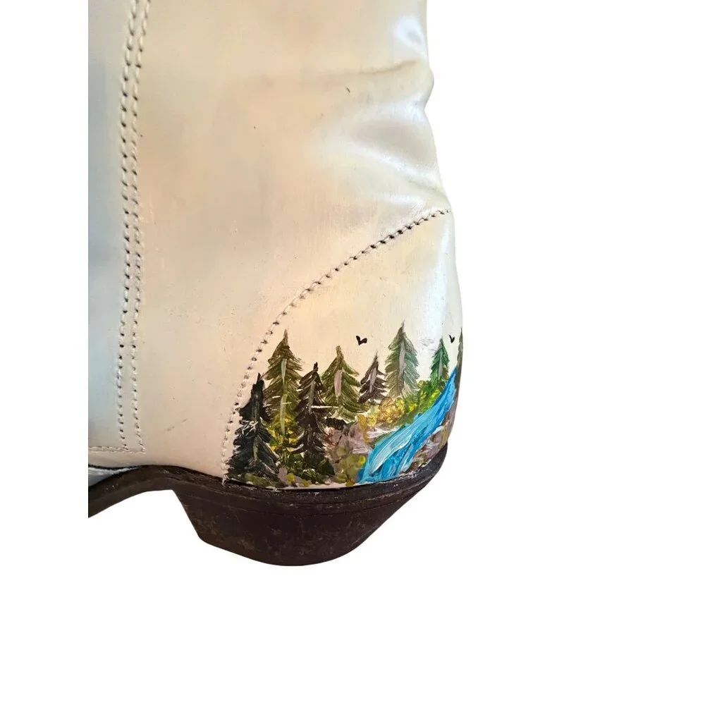 Sears Vintage Mens Hand Painted Coyote Boots Size 8 D Cream Leather Western OOAK